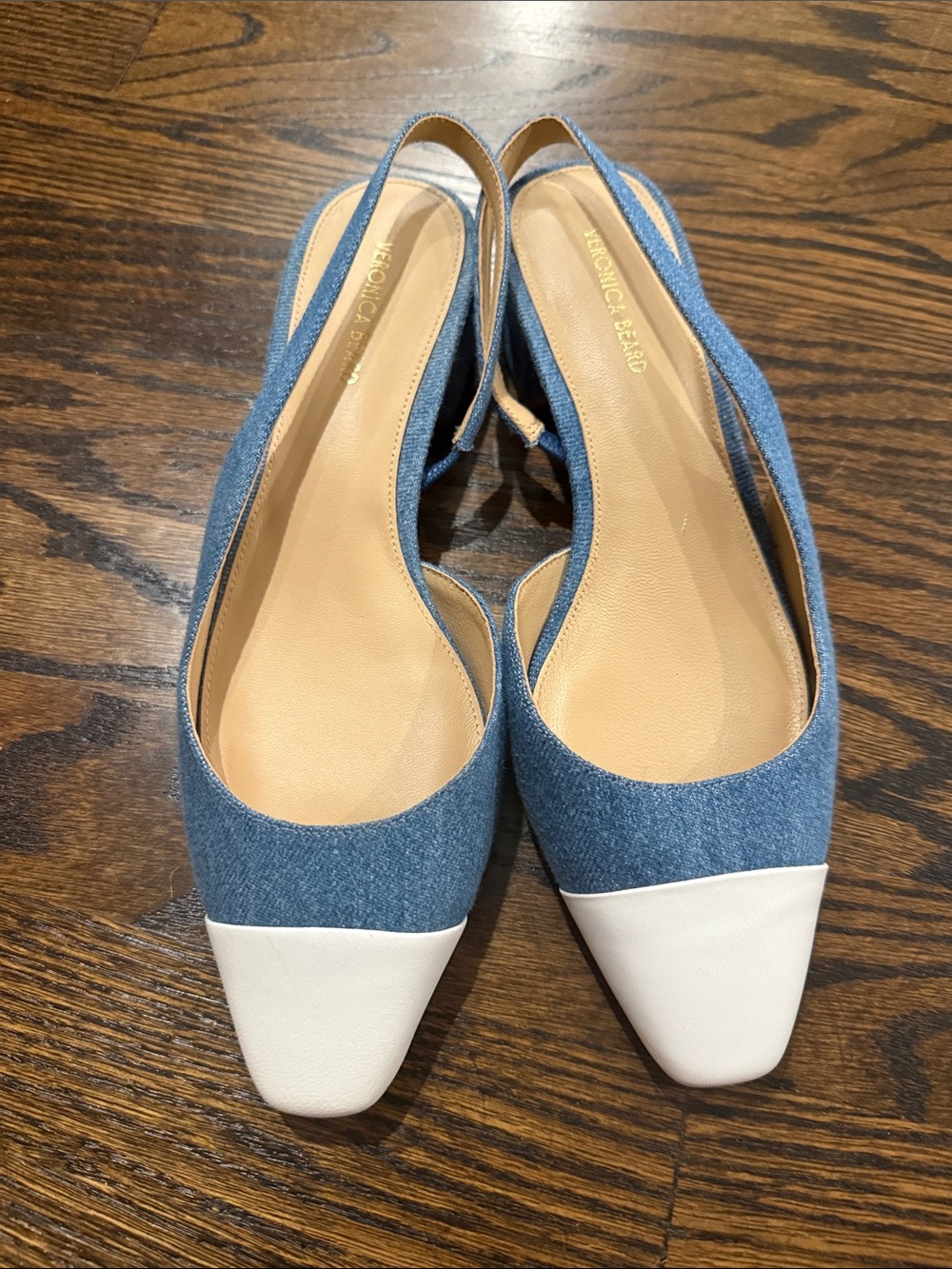 Veronica Beard Denim Blue and White Pointed Slingback Flats